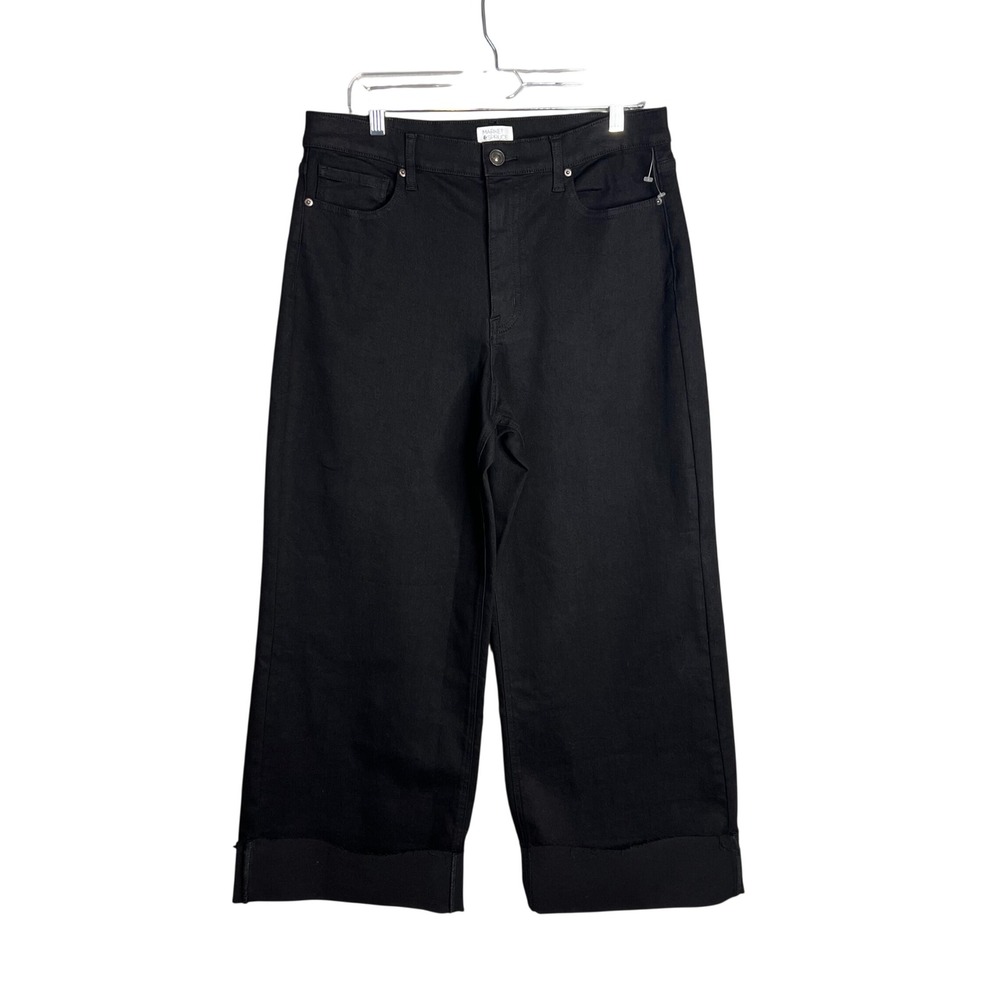 Market & Spruce Wide Leg Crop Jeans Sz 14 High Rise Cuffed Raw Hem Black NEW